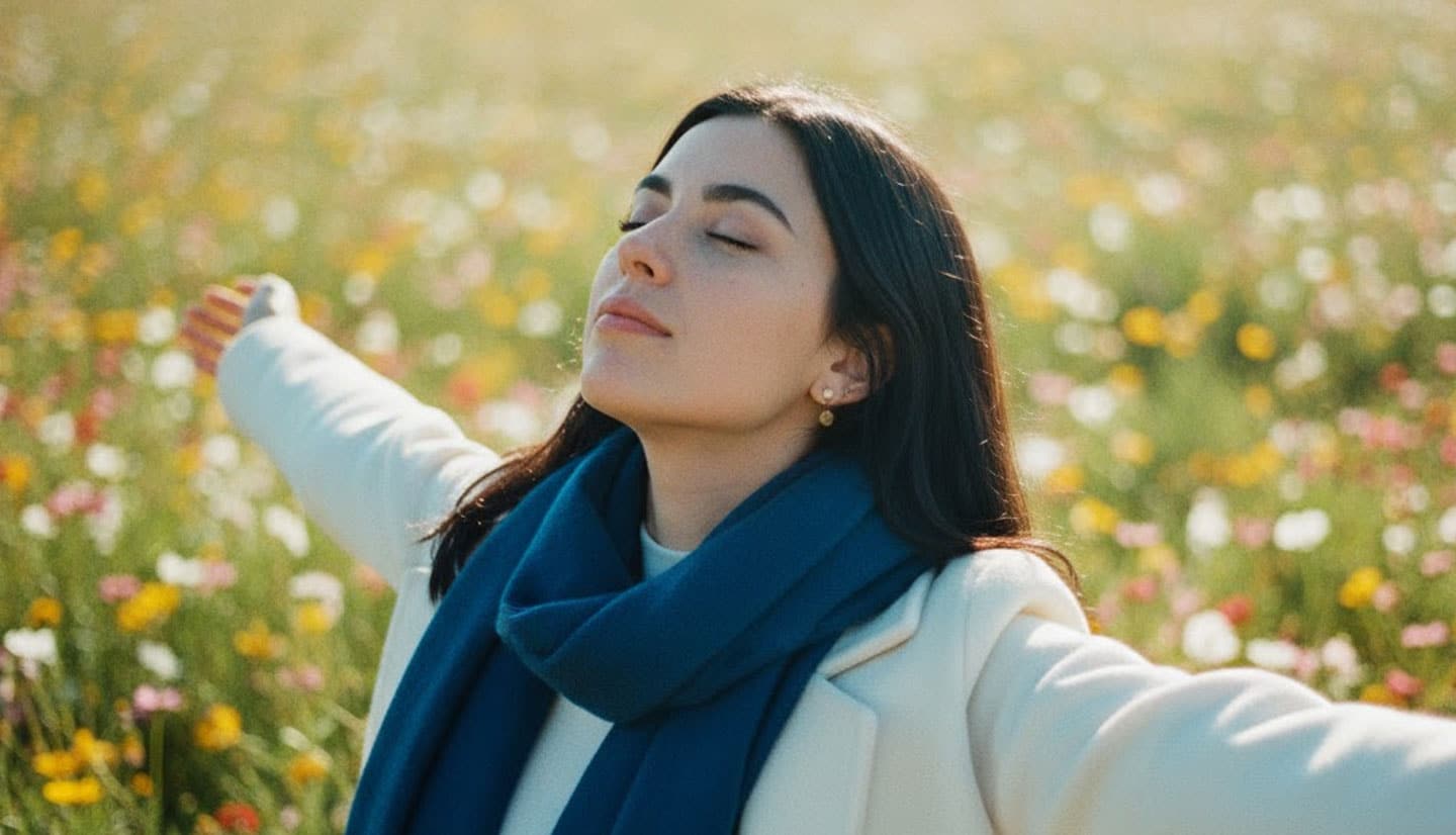 Woman with arms open in a field of flowers